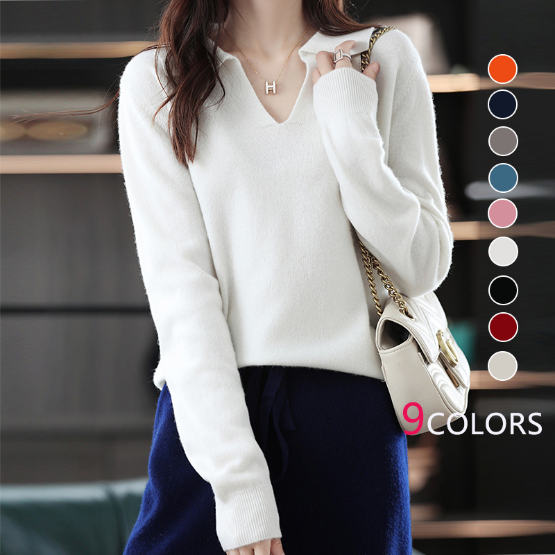 無地 スキッパー襟 レディース プルオーバー ニットセーター