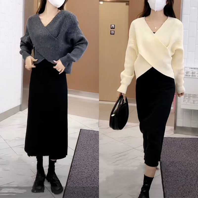 【単品注文】ゆったり Vネック 無地 カジュアル シンプル ニットセット