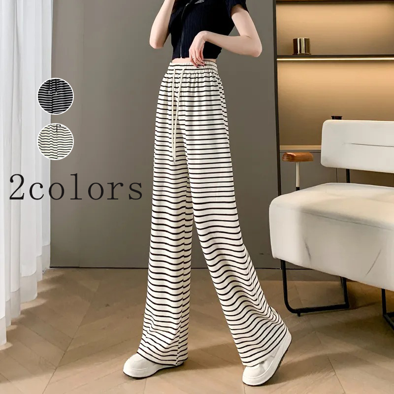 着心地良い ボーダー柄 ハイウエスト ワイドパンツ