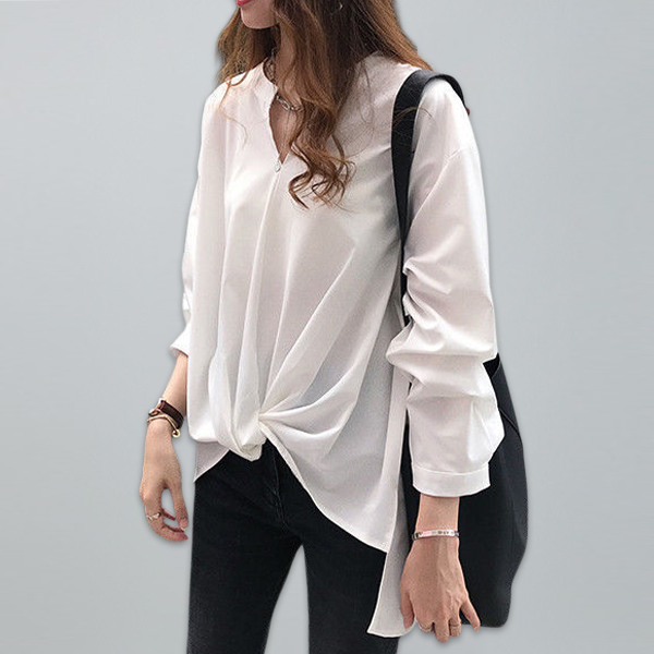 前結び風 ノーカラー レディース オン シフォンシャツ