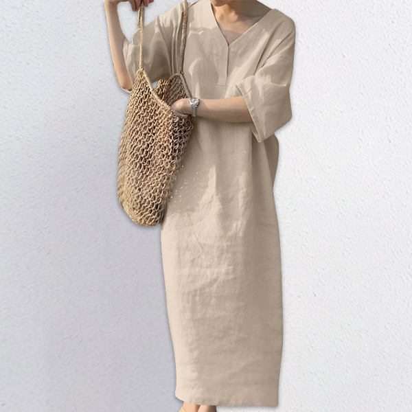 無地 リネン コットン カジュアルワンピース