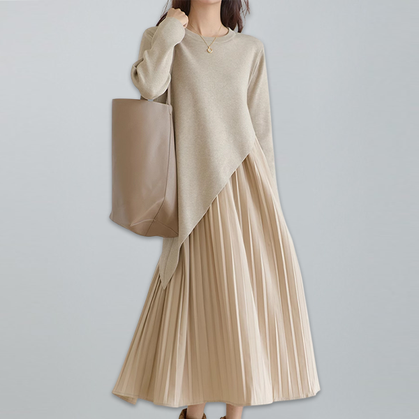 レイヤード風 無地 プルオーバー ドッキング ニットワンピース