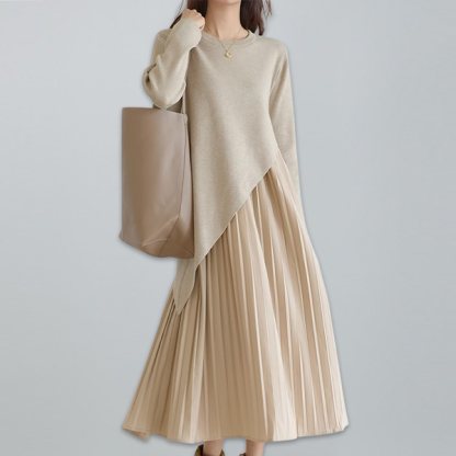 レイヤード風 無地 プルオーバー ドッキング ニットワンピース