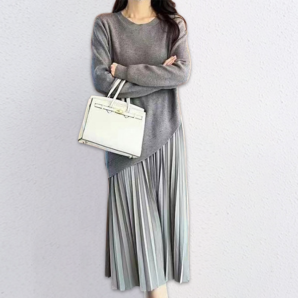 ファッション ラウンドネック 無地 ニットワンピース