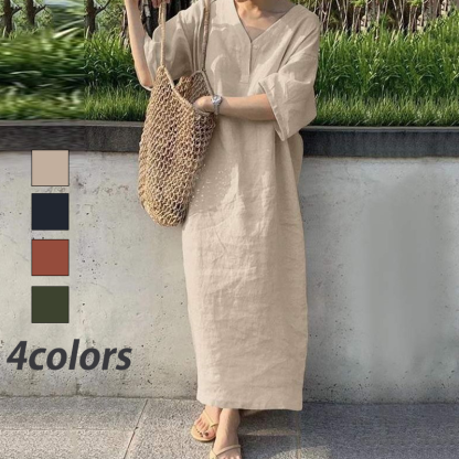 無地 リネン コットン カジュアルワンピース