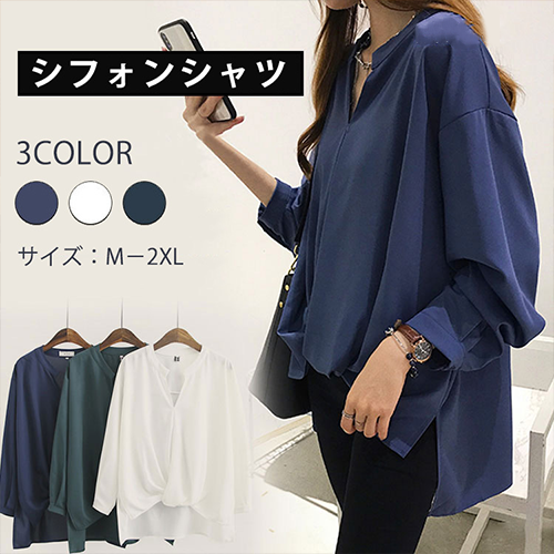 前結び風 ノーカラー レディース オン シフォンシャツ