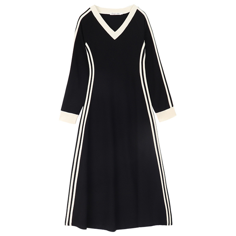 Vネック 無地 シンプル 長袖 カジュアルワンピース