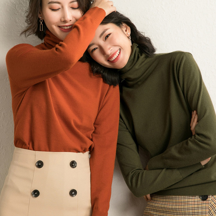 無地 長袖 ふわふわ ハイネック ニット 