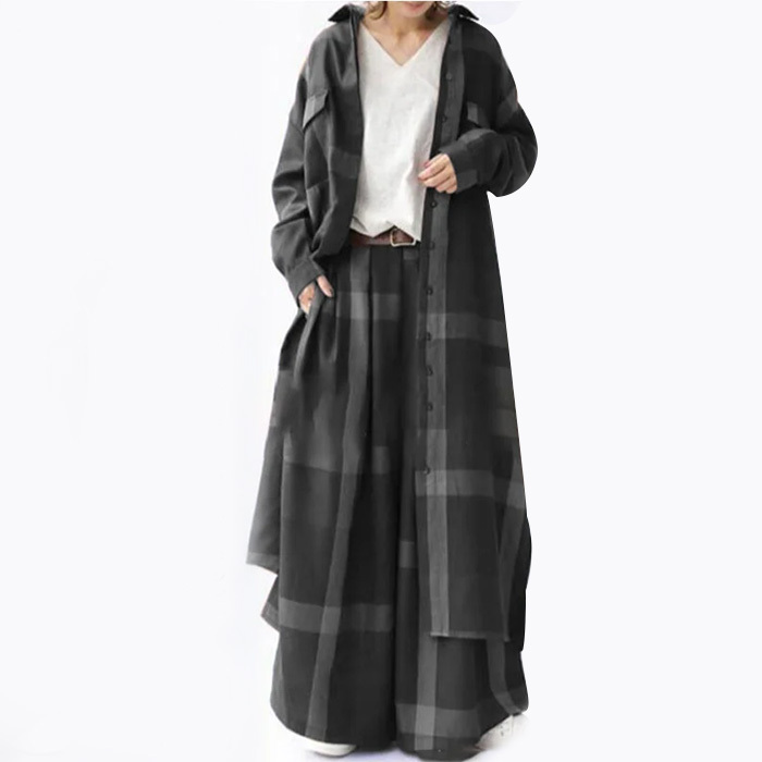 ロング チェック柄 シャツ＋ワイドパンツ セットアップ