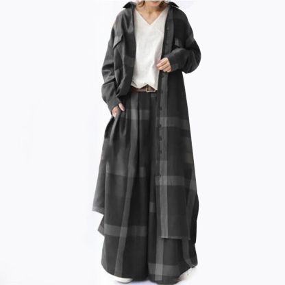 ロング チェック柄 シャツ＋ワイドパンツ セットアップ