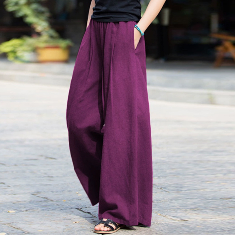 カジュアル  無地 リネン ロング丈 ガウチョパンツ