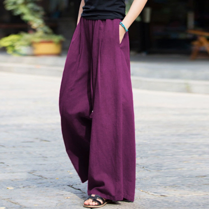 カジュアル  無地 リネン ロング丈 ガウチョパンツ