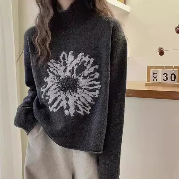 レトロ レディース ジャカード模様 ハイネック セーター