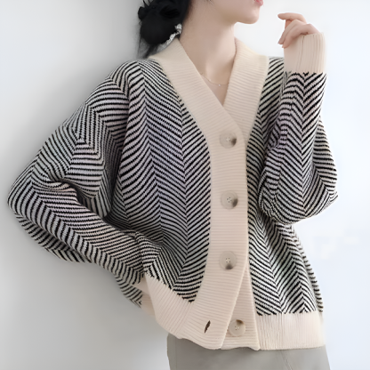 レディース ストライプ柄 ニット カーディガン