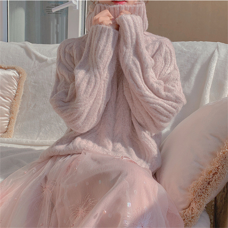 柔らかい ハイネック ルーズ 無地 ニット