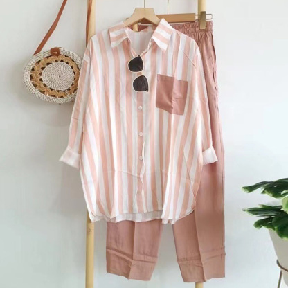 レディース カジュアル ストライプ柄 長袖 シャツ 上下セット