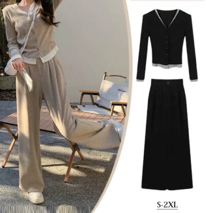 通気性よく柔軟肌に親しい カジュアル カーディガン+ワイドパンツ 2点セット