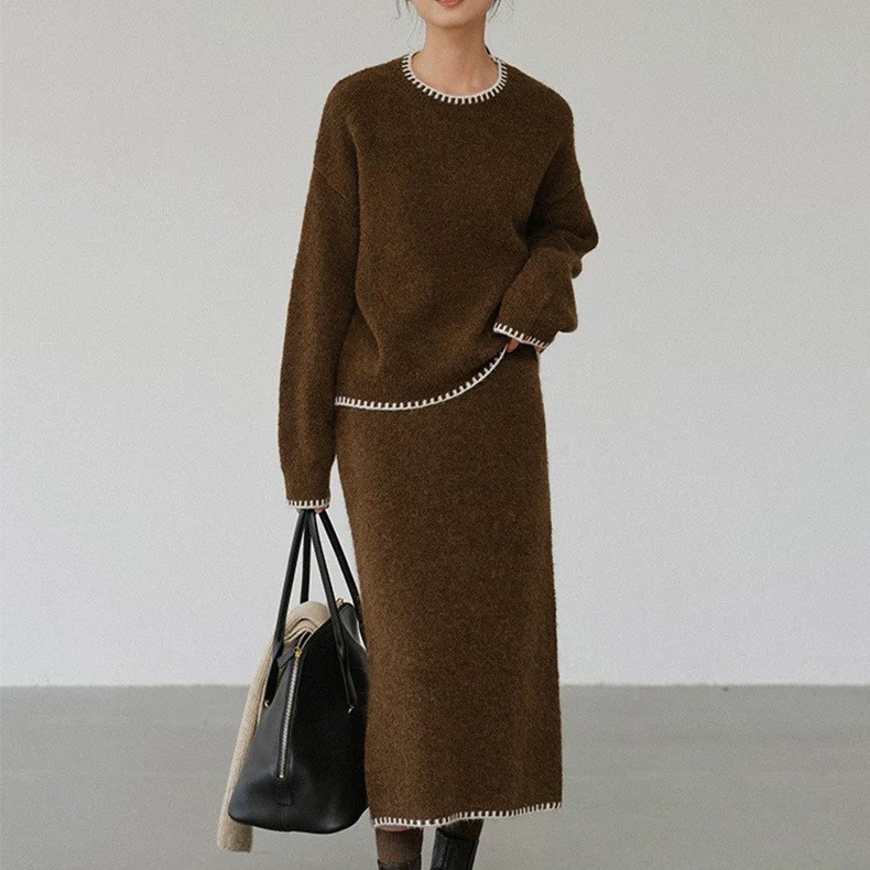 カジュアル シンプル 長袖 無地 ラウンドネック ニットセット