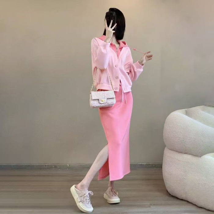 レイヤード風 フード付き パーカー+ワンピ 無地 セットアップ