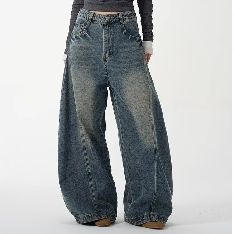 無地 カジュアル シンプル ワイドレッグ デニムパンツ