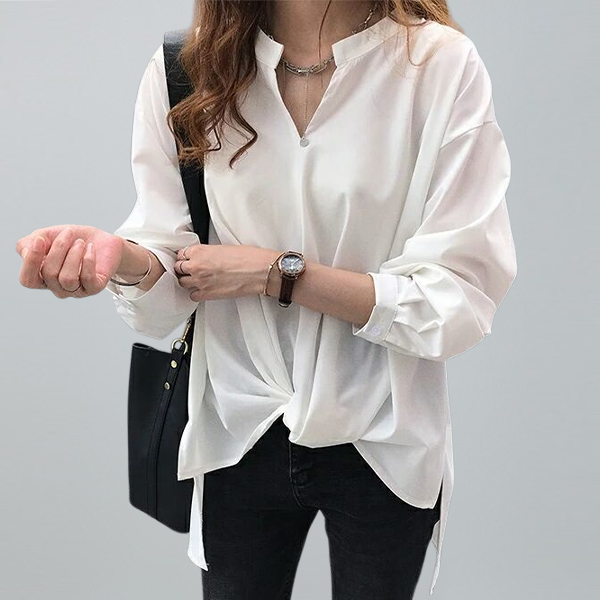 前結び風 ノーカラー レディース オン シフォンシャツ