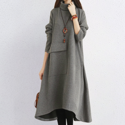 タートルネック 不規則 デザイン ロング丈 ニットワンピース