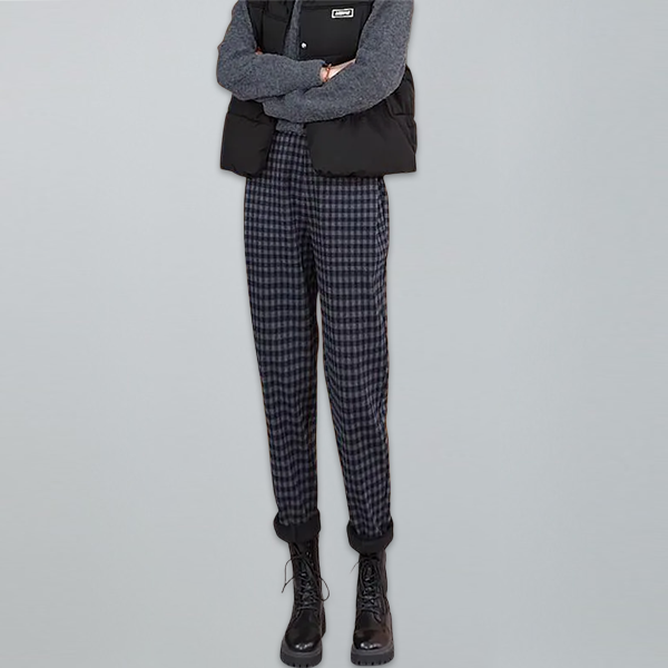 シワになりにくい ハイウエスト チェック柄 カジュアルパンツ
