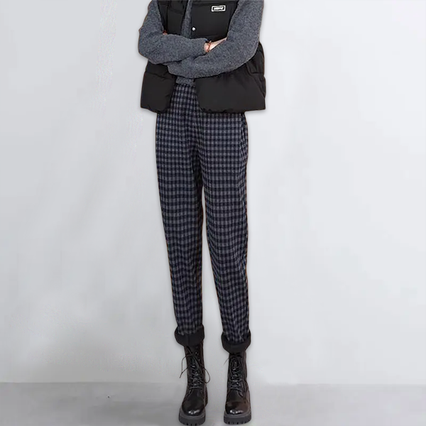 シワになりにくい ハイウエスト チェック柄 カジュアルパンツ