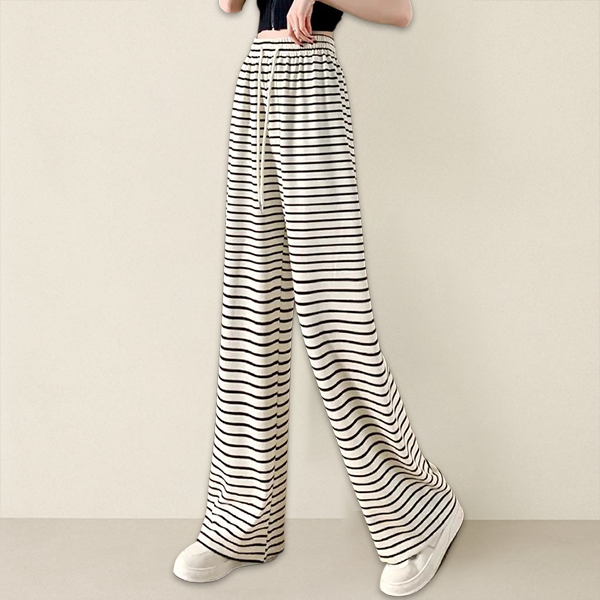 着心地良い ボーダー柄 ハイウエスト ワイドパンツ