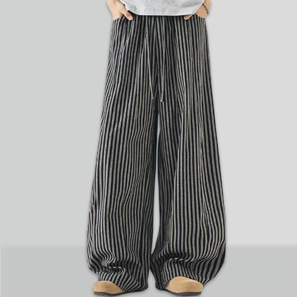 秋にぴったり 大活躍 シンプル ストライプ柄 ワイドパンツ