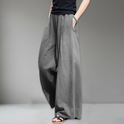 カジュアル  無地 リネン ロング丈 ガウチョパンツ