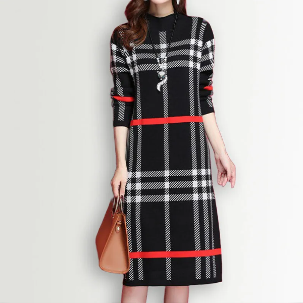 ニット ロング丈 チェック柄 ワンピース
