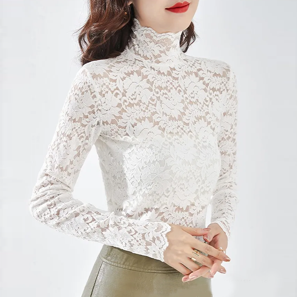 柔らかい シンプル フィット 裏起毛 レース トップス