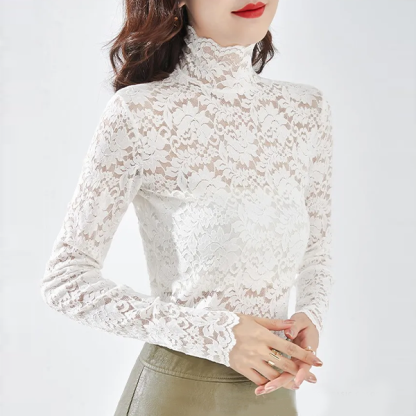 柔らかい シンプル フィット 裏起毛 レース トップス