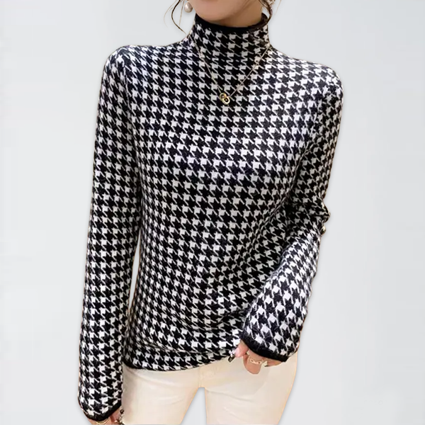 大人気 裏起毛 ハウンド トゥース柄 ハイネック ニット
