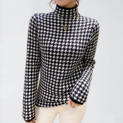 大人気 裏起毛 ハウンド トゥース柄 ハイネック ニット
