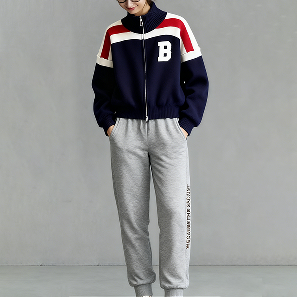 配色 カジュアル シンプル 長袖 上下セット