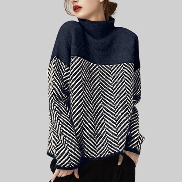 ルーズ 配色 ストライプ柄 半高襟 ニット