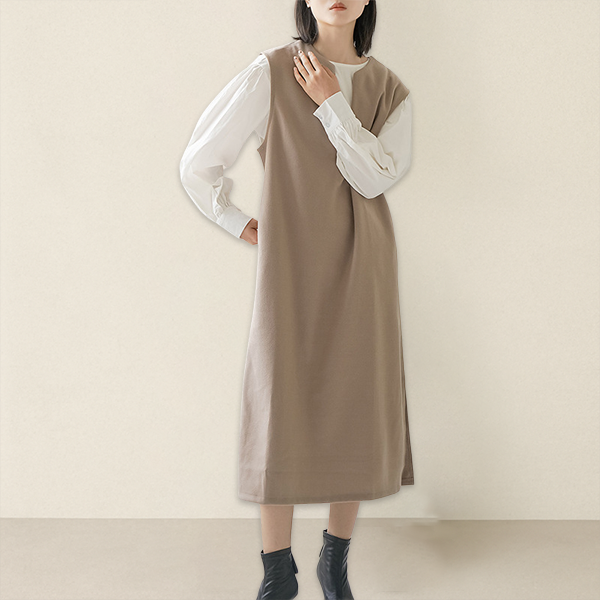 Vネック 袖なし ベスト式 無地 シンプル カジュアルワンピース