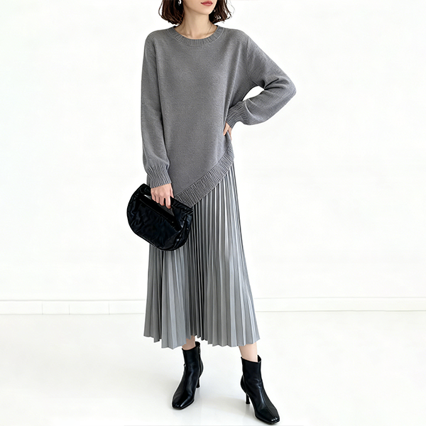ファッション ラウンドネック 無地 ニットワンピース