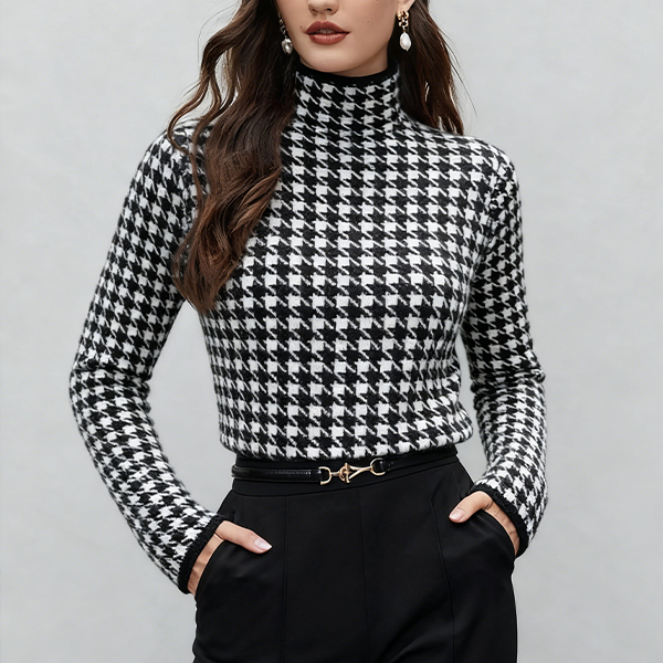 大人気 裏起毛 ハウンド トゥース柄 ハイネック ニット