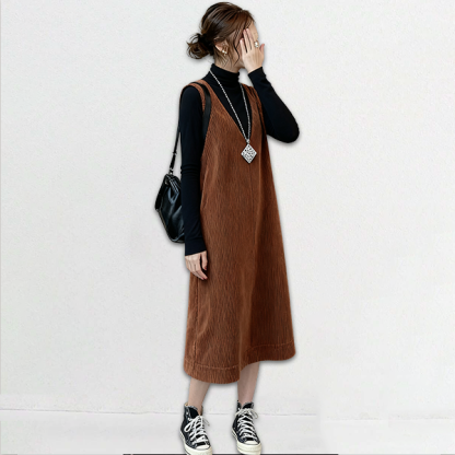 無地 シンプル コーデュロイ カジュアルワンピース