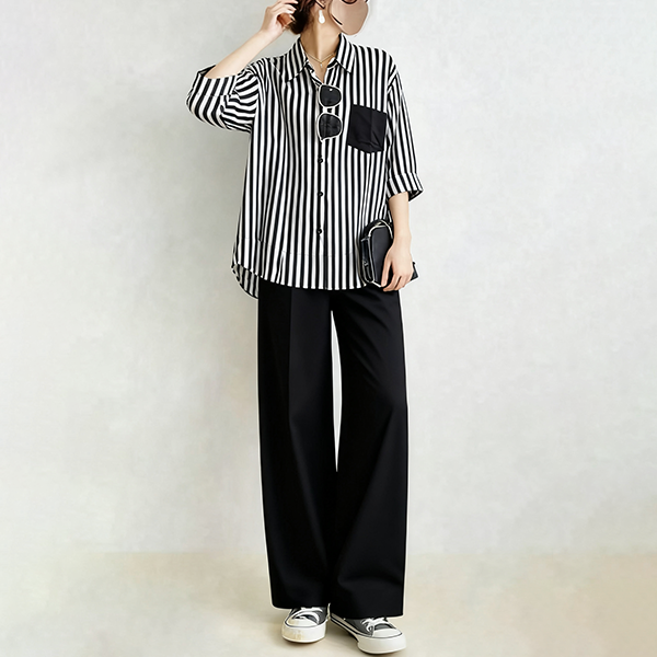 レディース カジュアル ストライプ柄 長袖 シャツ 上下セット