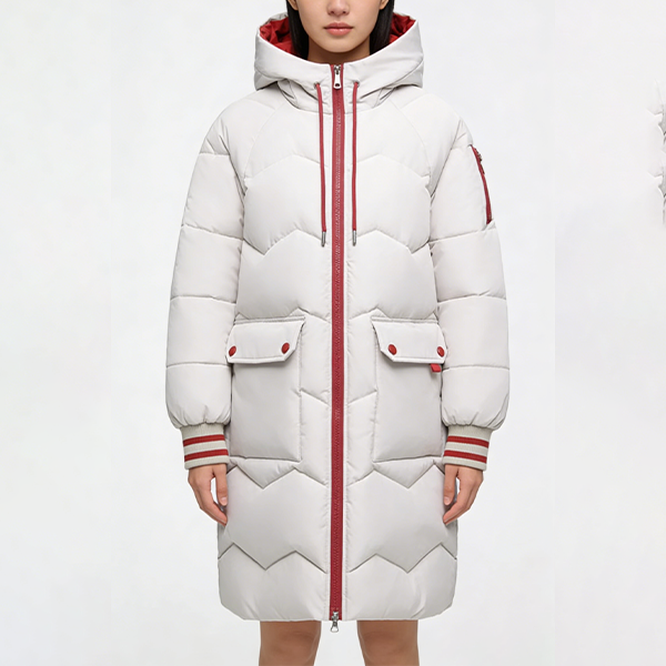 バイカラー ロング丈 ジッパー付き ルーズ フード付き ダウンジャケット