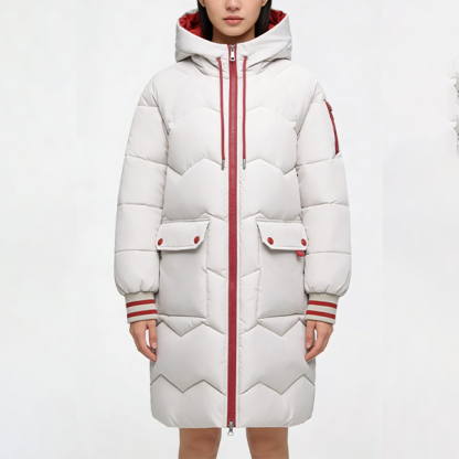 バイカラー ロング丈 ジッパー付き ルーズ フード付き ダウンジャケット