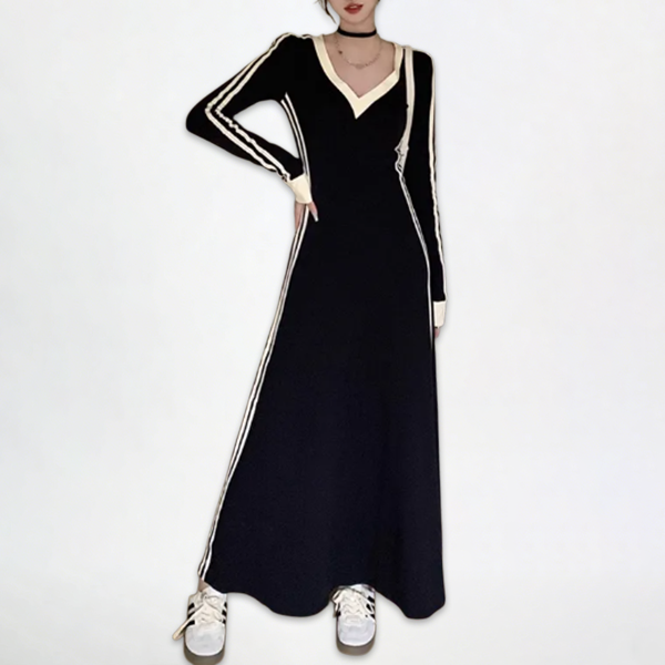 Vネック 無地 シンプル 長袖 カジュアルワンピース