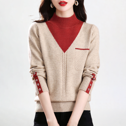 レディース ハイネック 配色 プルオーバー ニット 