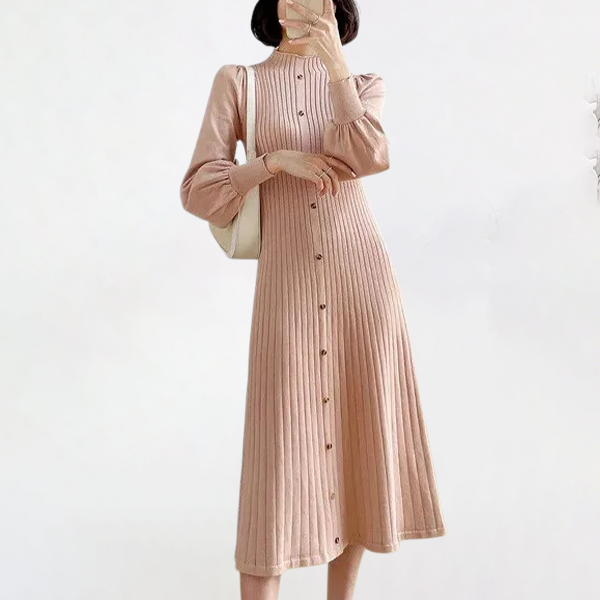 カジュアル風 日常着用に最適 無地 ボタン付き ニットワンピース