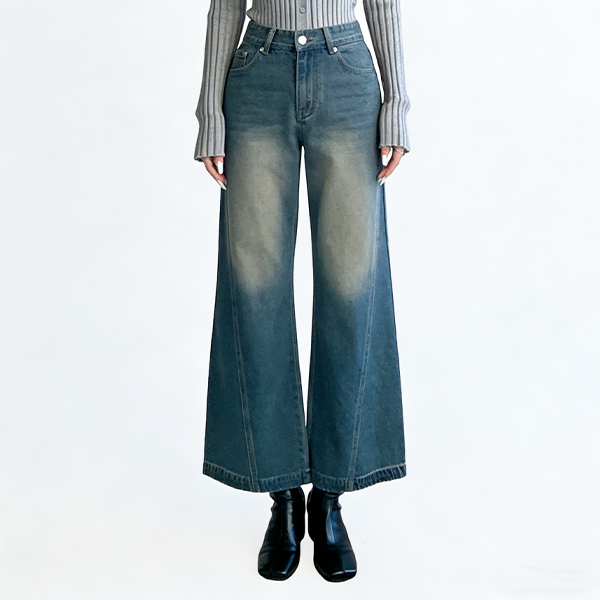 レトロ風 個性カーブ ハイウエスト 無地 デニムパンツ