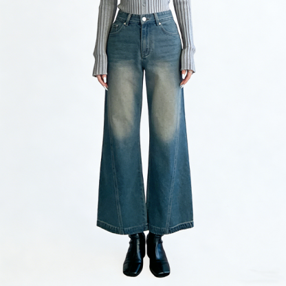 レトロ風 個性カーブ ハイウエスト 無地 デニムパンツ